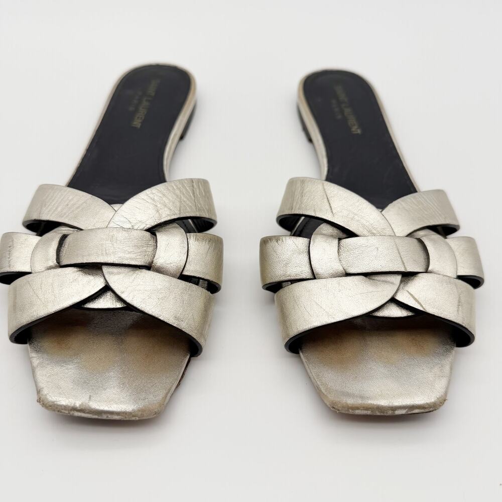 Saint Laurent Tribute Silver Metallic Leather Woven Flat Sandals Slides 40.5 - Picture 2 of 7